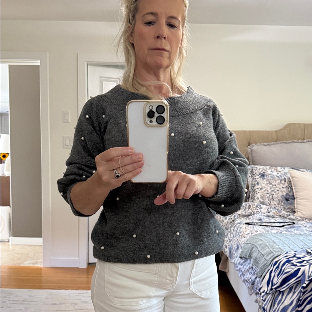 Next Direct Dark Gray Pearl-Embellished Crewneck Sweater